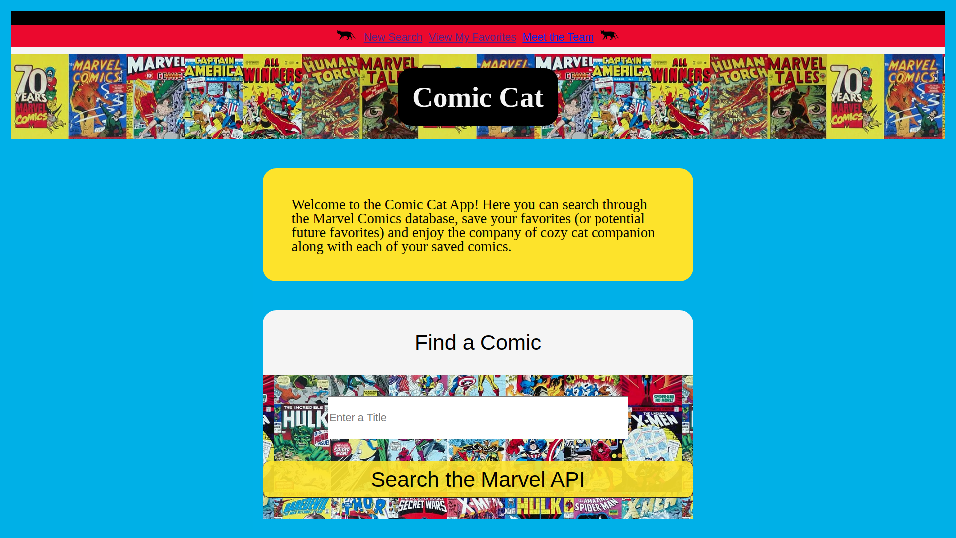 screen shot of the comic cat web application