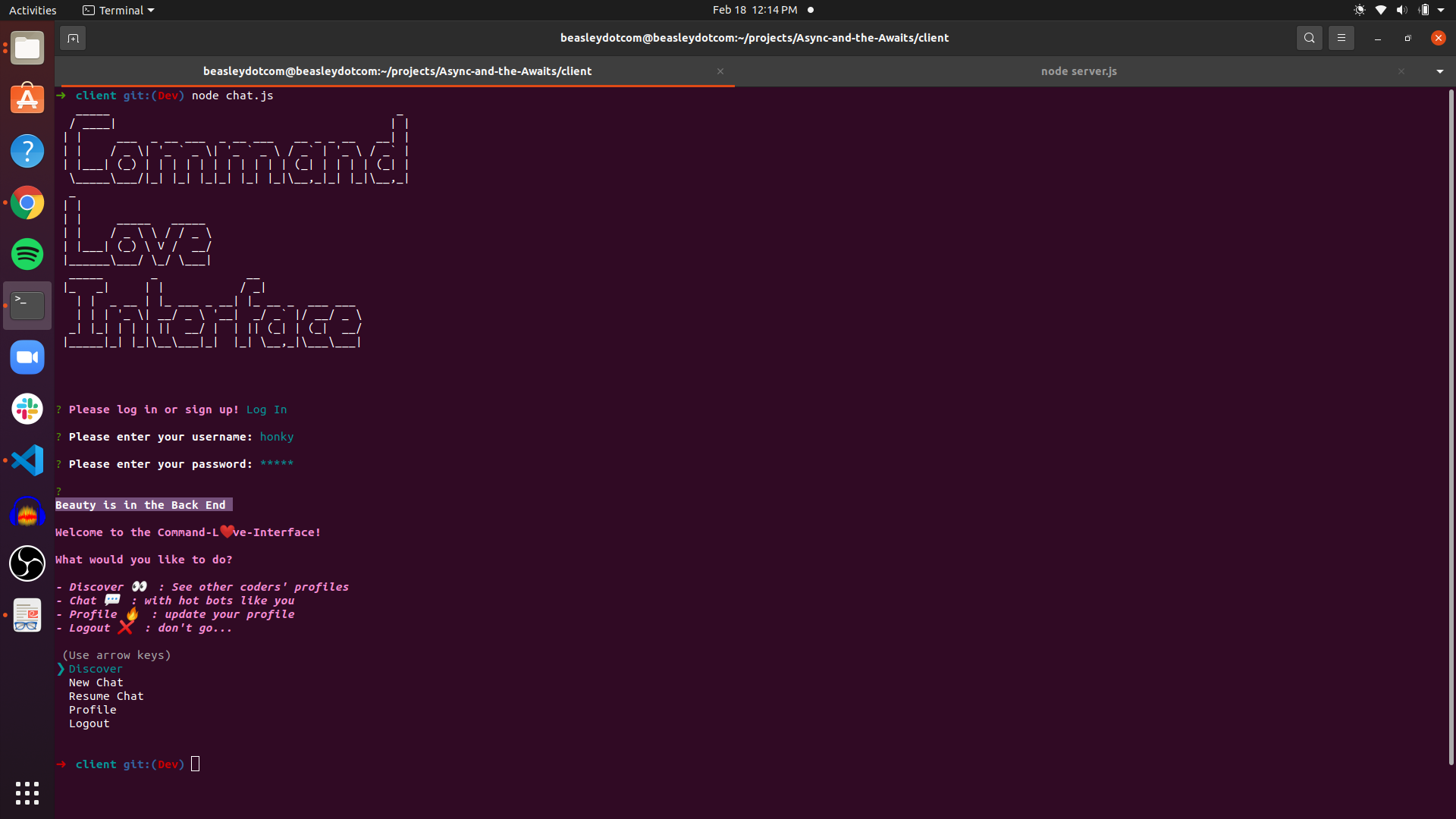 screen shot of the 'Command Love Interface' command line application